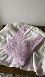Off white pure mul chanderi kurta piece folded, fine front and back chikankari anarkali with haath ki jaali