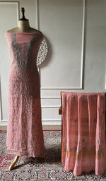 Load image into Gallery viewer, pink pure tissue chanderi chikankari set on the mannequin, dupatta on the stand