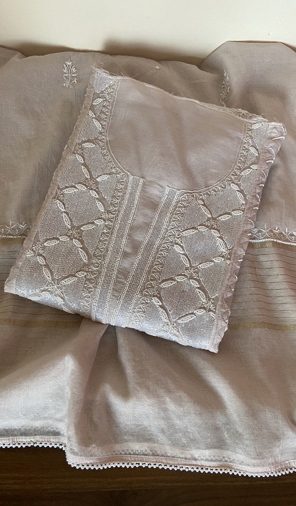 Folded ivory mul chanderi kurta, gala and neckline work