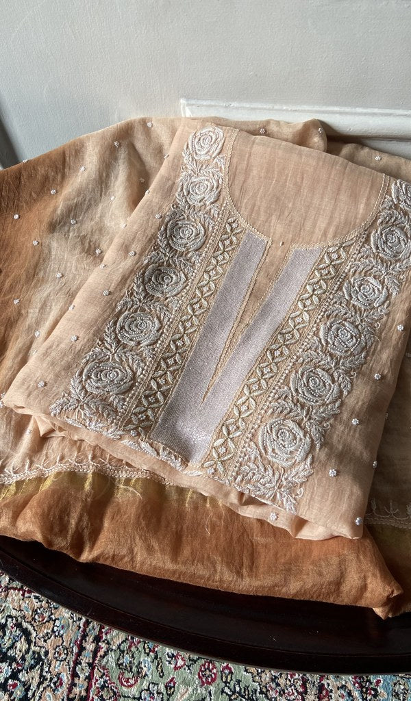 Jazba — Tan Pure Mul Chanderi Chikankari 2 Pc Unstitched Suit Set