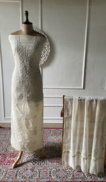 Load image into Gallery viewer, cream pure mul chanderi chikankari set on the mannequin, dupatta on the stand