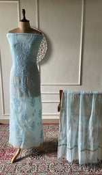 Load image into Gallery viewer, blue pure mul chanderi chikankari set on the mannequin, dupatta on the stand