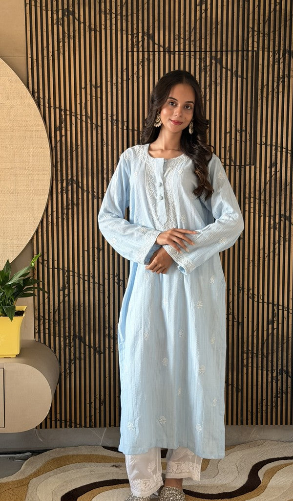Prisha — Blue Cotton Chikankari Stitched Kurti