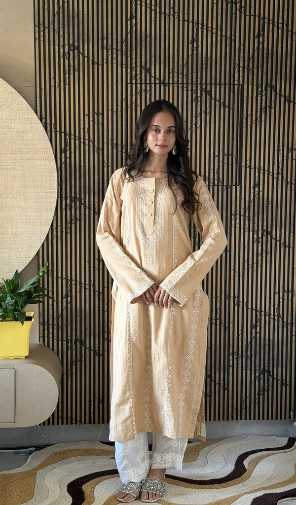Prisha — Beige Cotton Chikankari Stitched Kurti