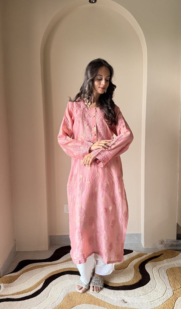 Ishita — Pink Chanderi Silk Chikankari Stitched Kurti