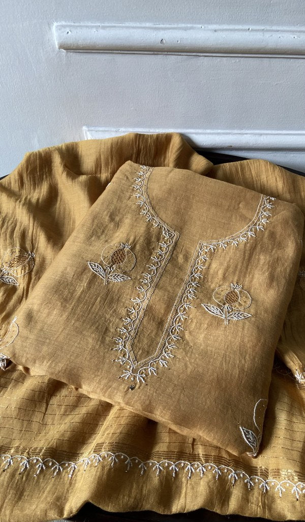 yellow pure mul chanderi kurta piece folded, fine do taar and teen taar chikankari with haath ki jaali on