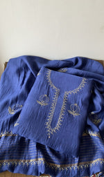 Blue pure mul chanderi kurta piece folded, fine chikankari with anar motifs and haath ki jaali