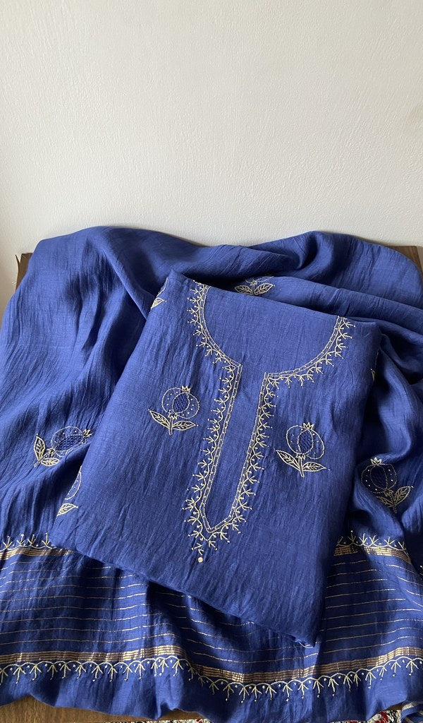 Mahira m — Blue Pure Mul Chanderi Chikankari 3 Pc Unstitched Suit Set