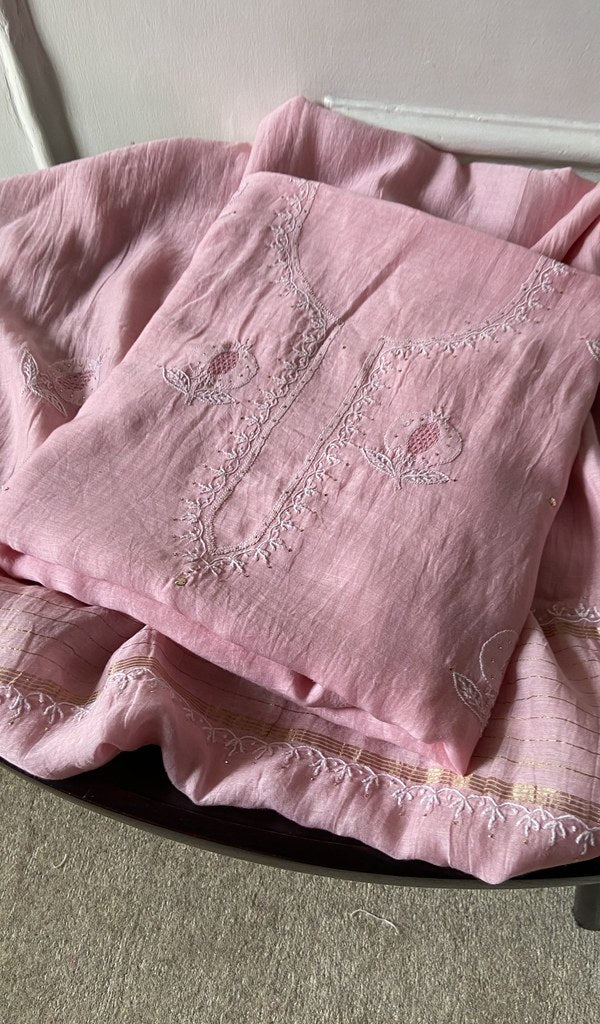 pink pure mul chanderi chikankari suit set, folded