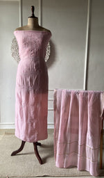 pink pure mul chanderi chikankari set on the mannequin with the dupatta