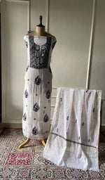 Load image into Gallery viewer, white pure mul chanderi chikankari 3 pc unstitched suit set on mannequin