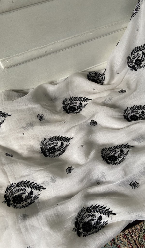 gala and front chikankari on white pure mul chanderi