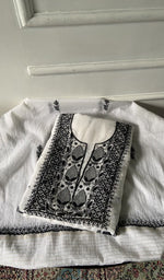 Load image into Gallery viewer, white pure mul chanderi chikankari 3 pc unstitched suit set, folded
