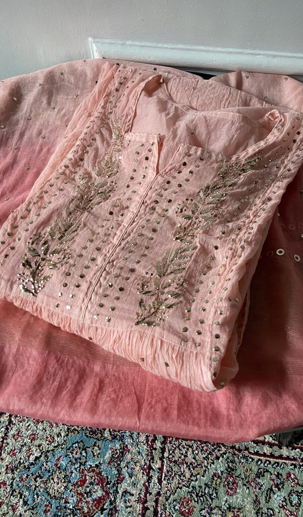 Saira — Peach Mul Chanderi Chikankari 2 Pc Unstitched Suit Set