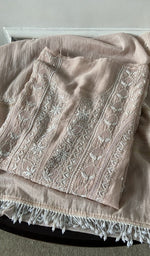 pink pure mul chanderi kurta piece folded, fine do taar and teen taar chikankari with haath ki jaali