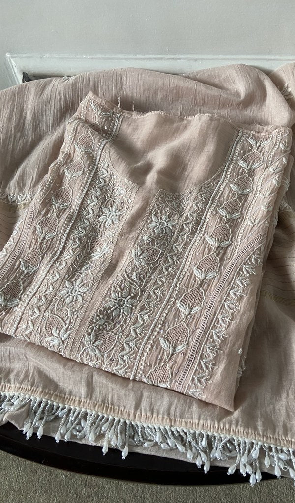 pink pure mul chanderi kurta piece folded, fine do taar and teen taar chikankari with haath ki jaali