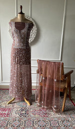 Load image into Gallery viewer, brown pure organza silk chikankari set on the mannequin, dupatta on the stand