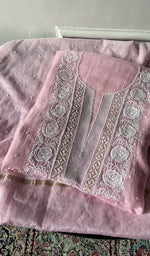 Load image into Gallery viewer, Pink pure mul chanderi kurta piece folded, fine chikankari in view