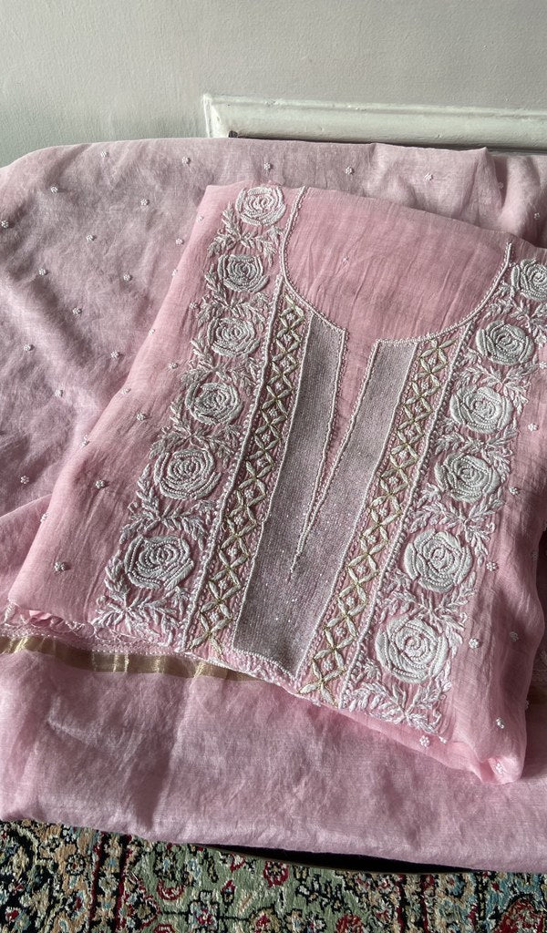 Pink pure mul chanderi kurta piece folded, fine chikankari in view