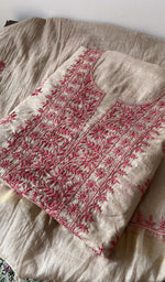 Load image into Gallery viewer, Cream pure mul chanderi kurta piece folded, fine chikankari in view