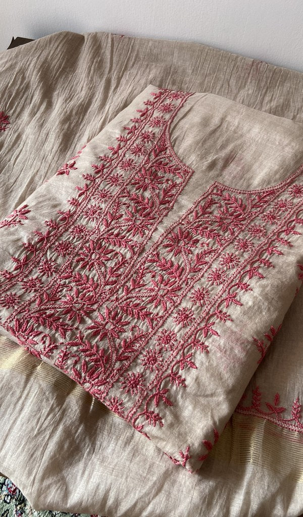 Cream pure mul chanderi kurta piece folded, fine chikankari in view