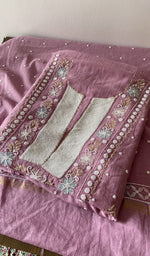 Load image into Gallery viewer, Mauve Pink pure mul chanderi kurta piece folded, beads badla work mukaish work and multicoloured cutdana in view