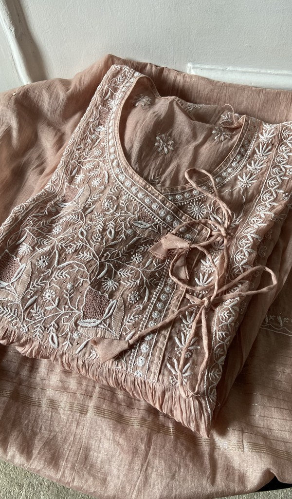 beige pure mul chanderi kurta piece folded, do taar and teen taar chikankari with haath ki jaali on semi