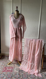 Load image into Gallery viewer, pink pure mul chanderi chikankari 3 pc semi-stitched angarkha suit set on mannequin