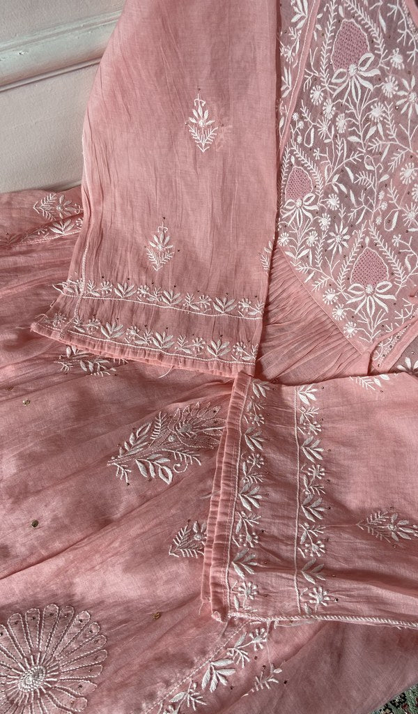 do taar and teen taar chikankari with haath ki jaali on pink pure mul chanderi