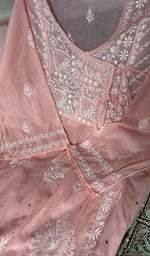 Load image into Gallery viewer, close view of the hand embroidery, pink pure mul chanderi