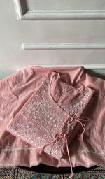 Load image into Gallery viewer, pink pure mul chanderi chikankari 3 pc semi-stitched angarkha suit set, folded