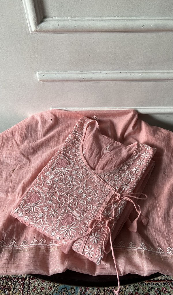 pink pure mul chanderi chikankari 3 pc semi-stitched angarkha suit set, folded