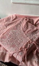 Load image into Gallery viewer, pink chikankari set folded, worked panel on top