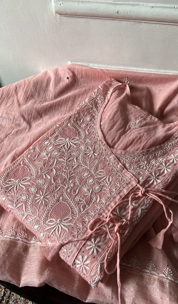 pink chikankari set folded, worked panel on top