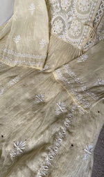 close view of the angarkha style with fine do and teen taar chikankari and mukaish work