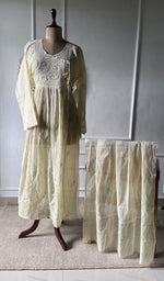 grey pure mul chanderi chikankari set on the mannequin with the dupatta