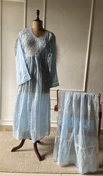 blue pure mul chanderi chikankari set on the mannequin with the dupatta