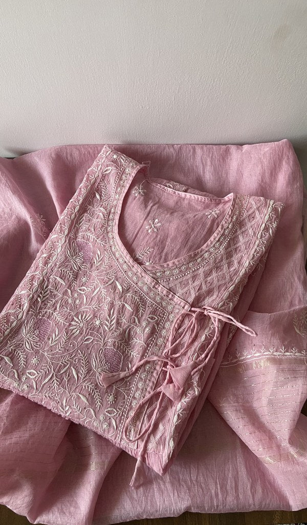 Pink pure mul chanderi kurta piece folded, angarkha style with fine do taar and teen taar chikankari