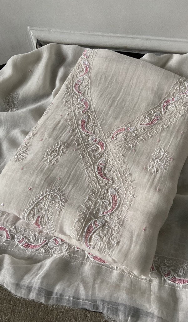 pink pure mul chanderi kurta piece folded, fine chikankari with angarkha style pattern