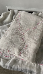 pink pure mul chanderi kurta piece folded, fine chikankari with angarkha style pattern