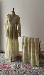 Green pure mul chanderi chikankari suit set on the mannequin with its dupatta