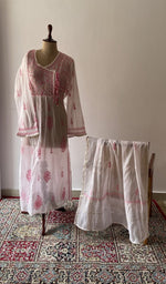White pure mul chanderi chikankari suit set on the mannequin with its dupatta