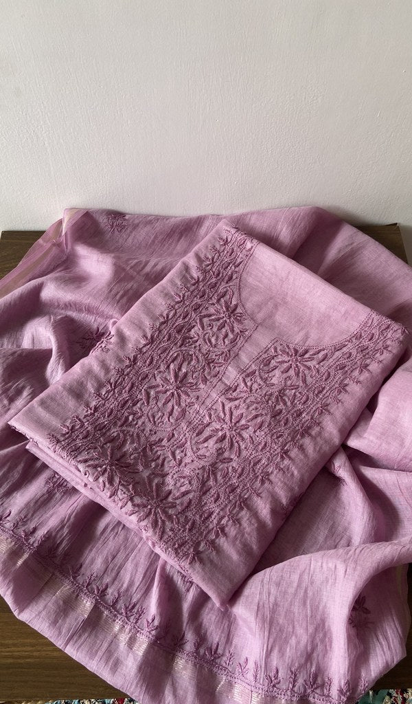 Lilac pure mul chanderi kurta piece folded, fine chikankari