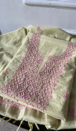green pure mul chanderi chikankari suit set, folded