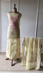 green pure mul chanderi chikankari set on the mannequin with the dupatta
