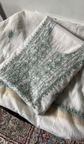 Mira — White Mul Chanderi Chikankari 2 Pc Unstitched Suit Set — Sage Green Work