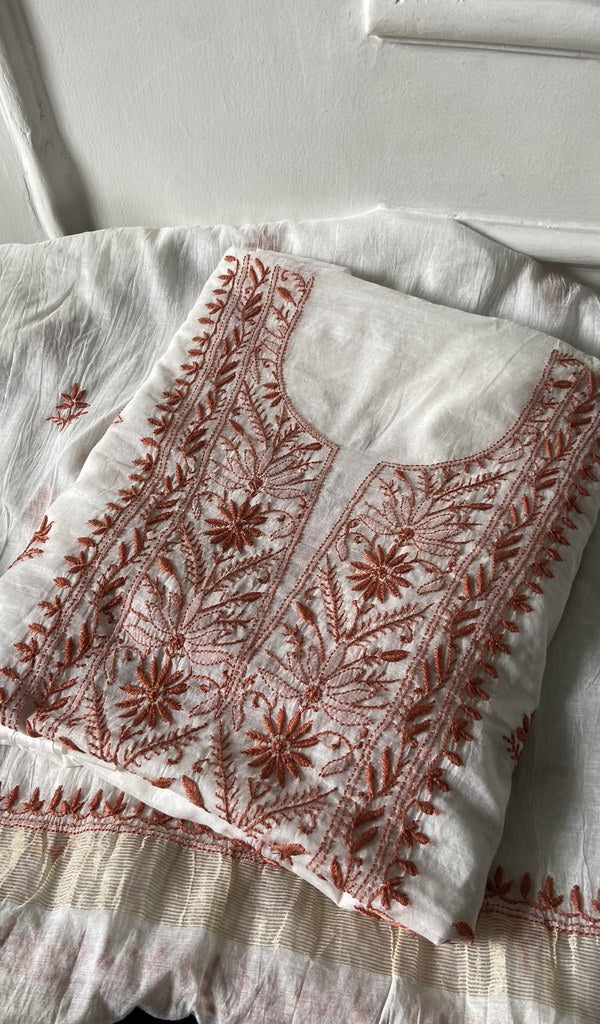 white pure mul chanderi kurta piece folded, fine coloured chikankari