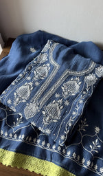 Blue pure mul chanderi kurta piece folded, fine front and back jaaldar chikankari anarkali