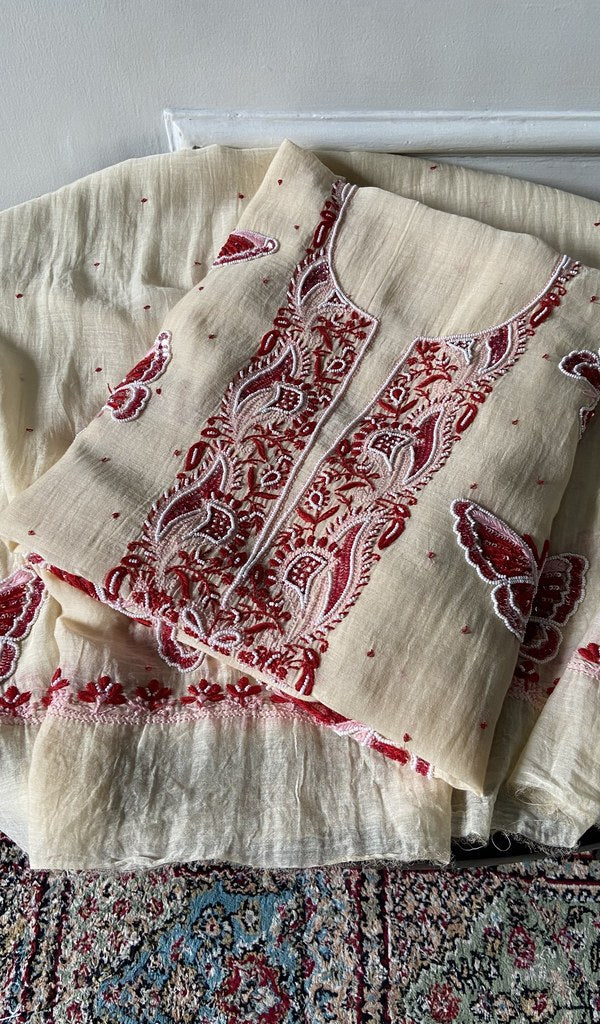 Cream pure mul chanderi kurta piece folded, fine chikankari in view