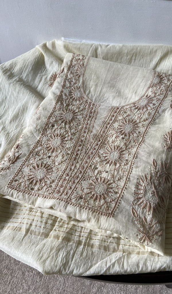 off white pure mul chanderi chikankari suit set, folded